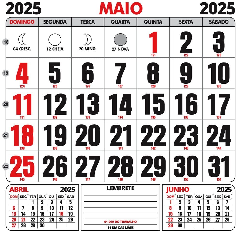 Calendário de maio de 2025 destacando o quinto dia útil para planejamento financeiro.