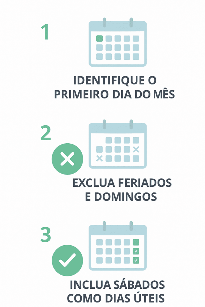Infográfico explicando como calcular dias úteis em três passos com ícones de calendário, marca de exclusão e checkmark.