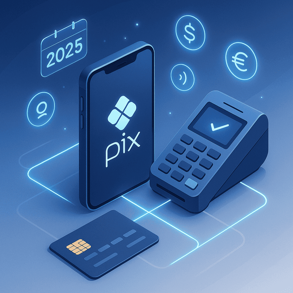 Ilustração isométrica de um ecossistema de pagamento digital em 2025, com um smartphone exibindo o logo do Pix, um cartão de crédito e um terminal de pagamento conectados por linhas brilhantes, com ícones holográficos e fundo azul e prateado futurista.
