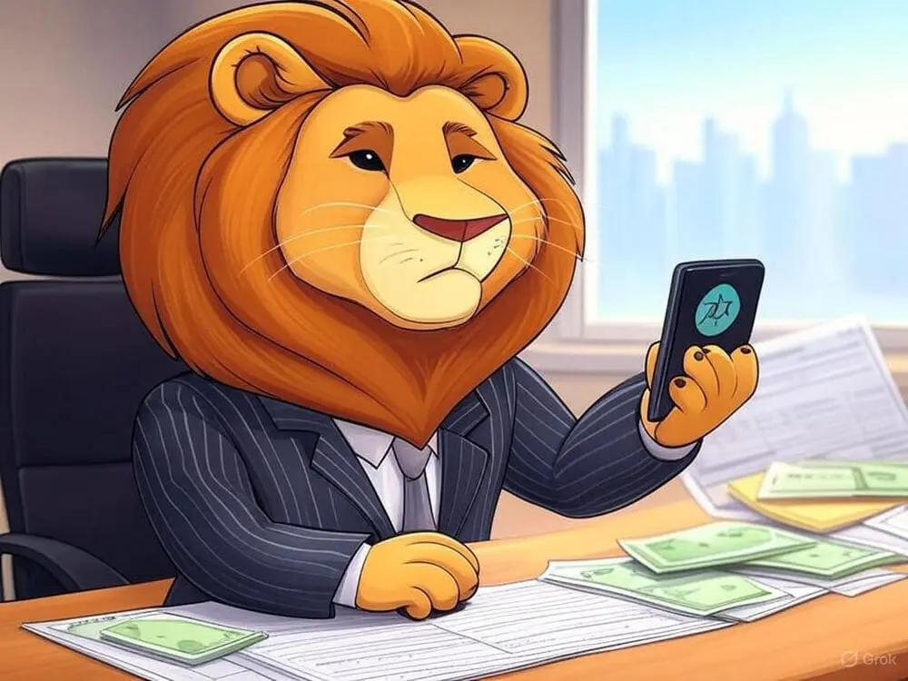 Leão de desenho animado representando um cobrador de impostos segurando um smartphone com o logotipo do Pix, confuso, com dinheiro e formulários de impostos ao fundo