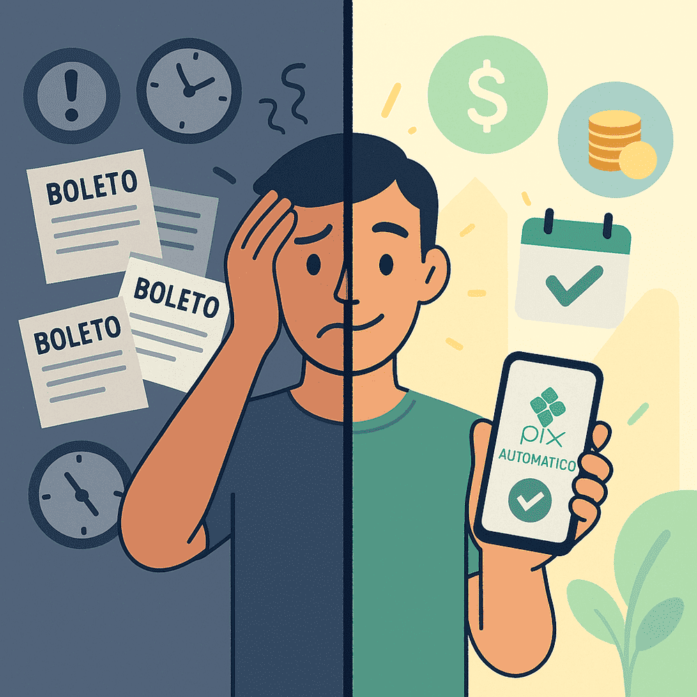 Pessoa antes e depois de ativar o Pix Automático, comparando estresse com organização financeira