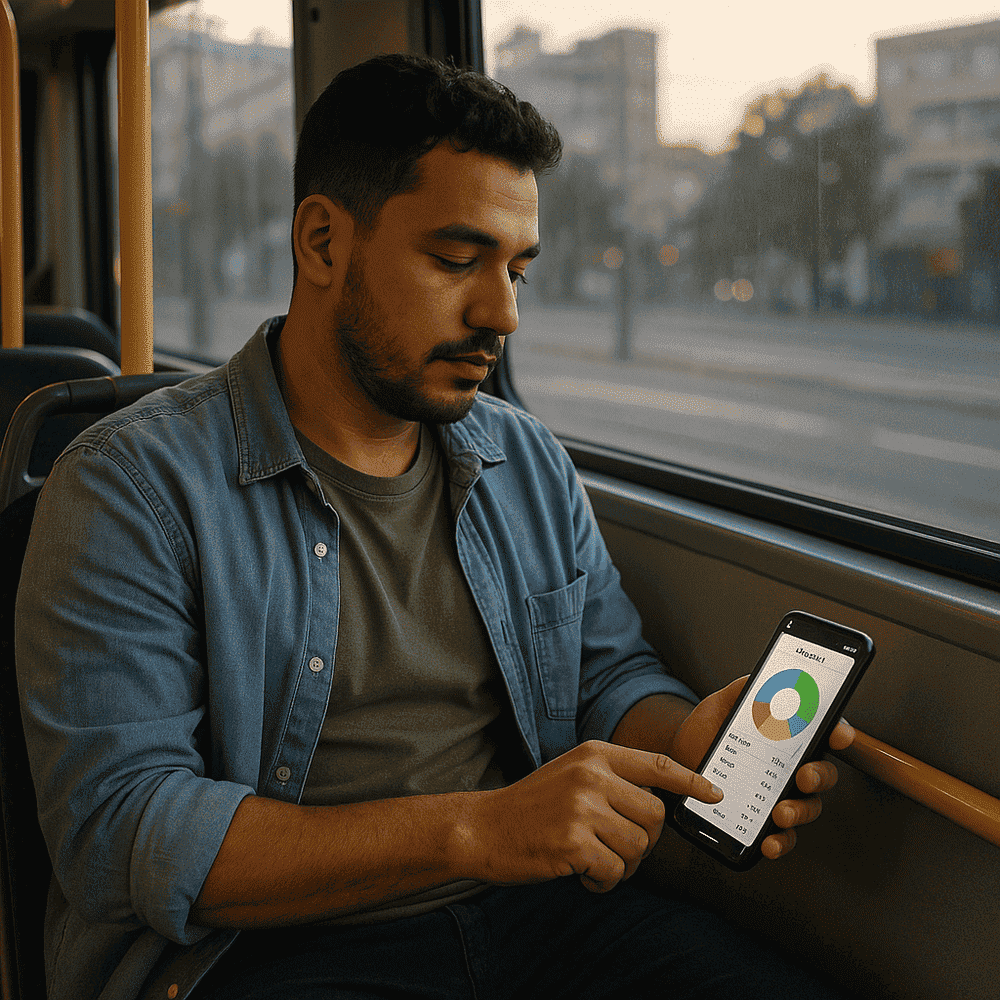 Homem usando aplicativo de controle financeiro para aprender como economizar no dia a dia no celular durante trajeto de ônibus