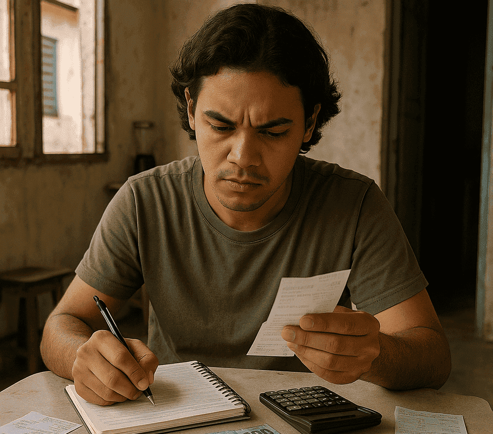 Pessoa fazendo orçamento doméstico com contas e calculadora em mesa simples no Brasil