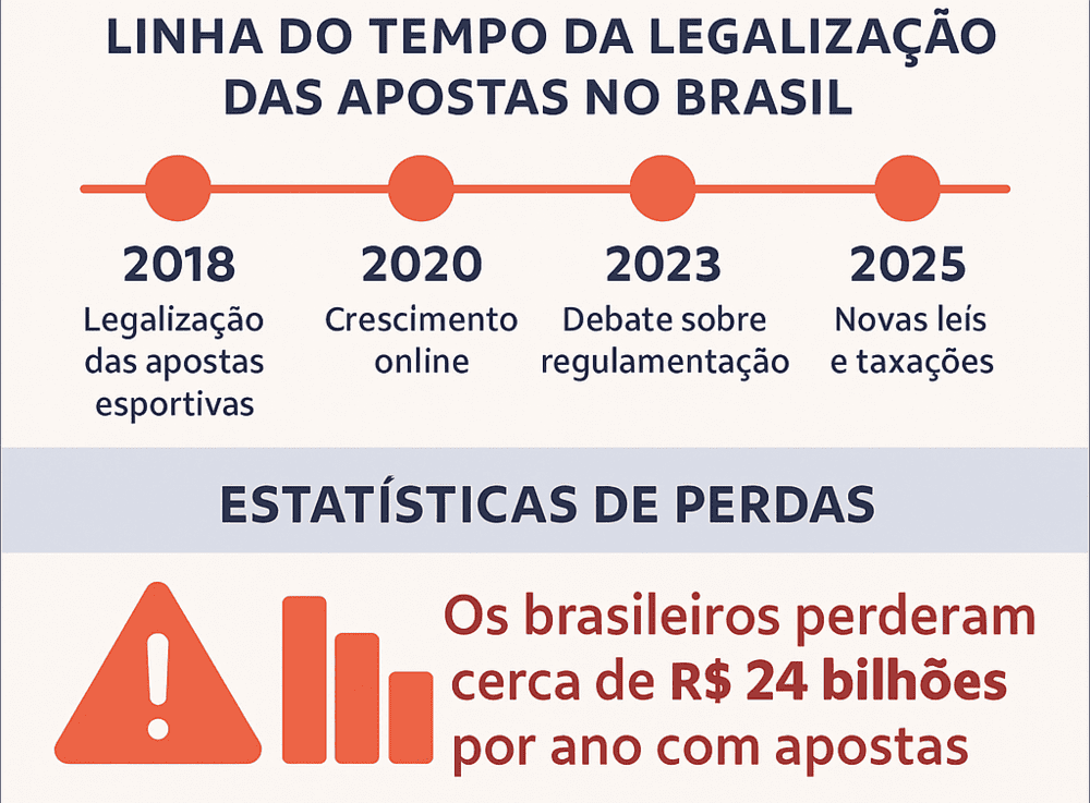 Infográfico detalhado com linha do tempo da legalização das apostas no Brasil, dados de perdas financeiras e dicas de proteção para não cair nas armadilhas das Bets.