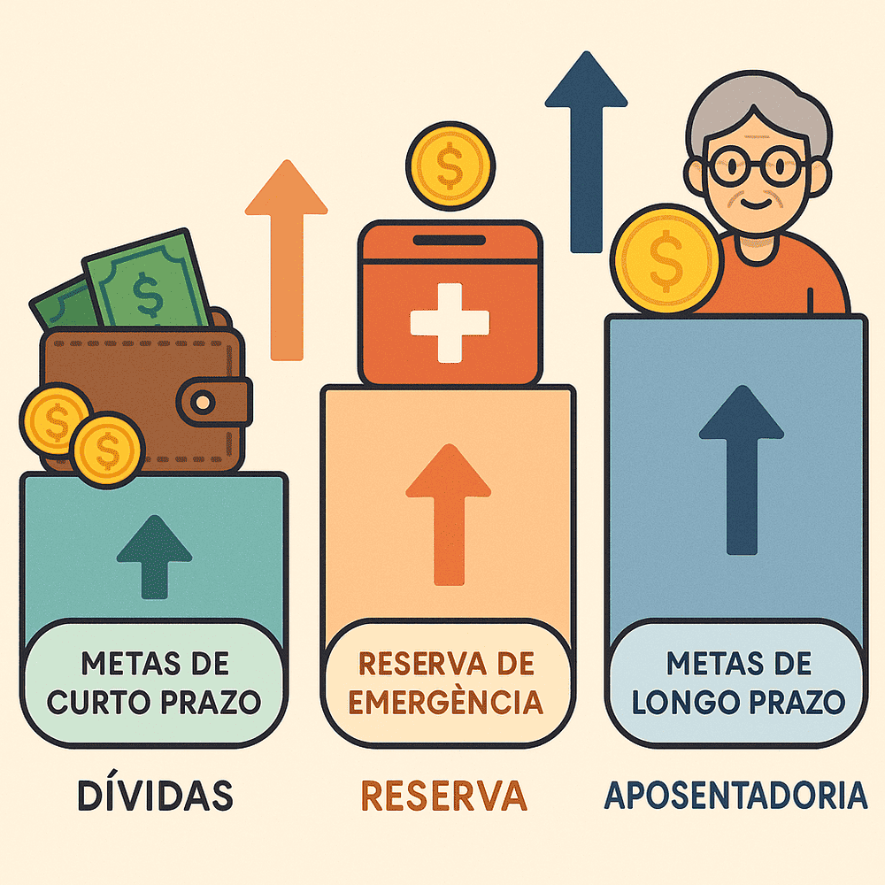 Representação visual das metas financeiras de curto, médio e longo prazo com ícones simbólicos