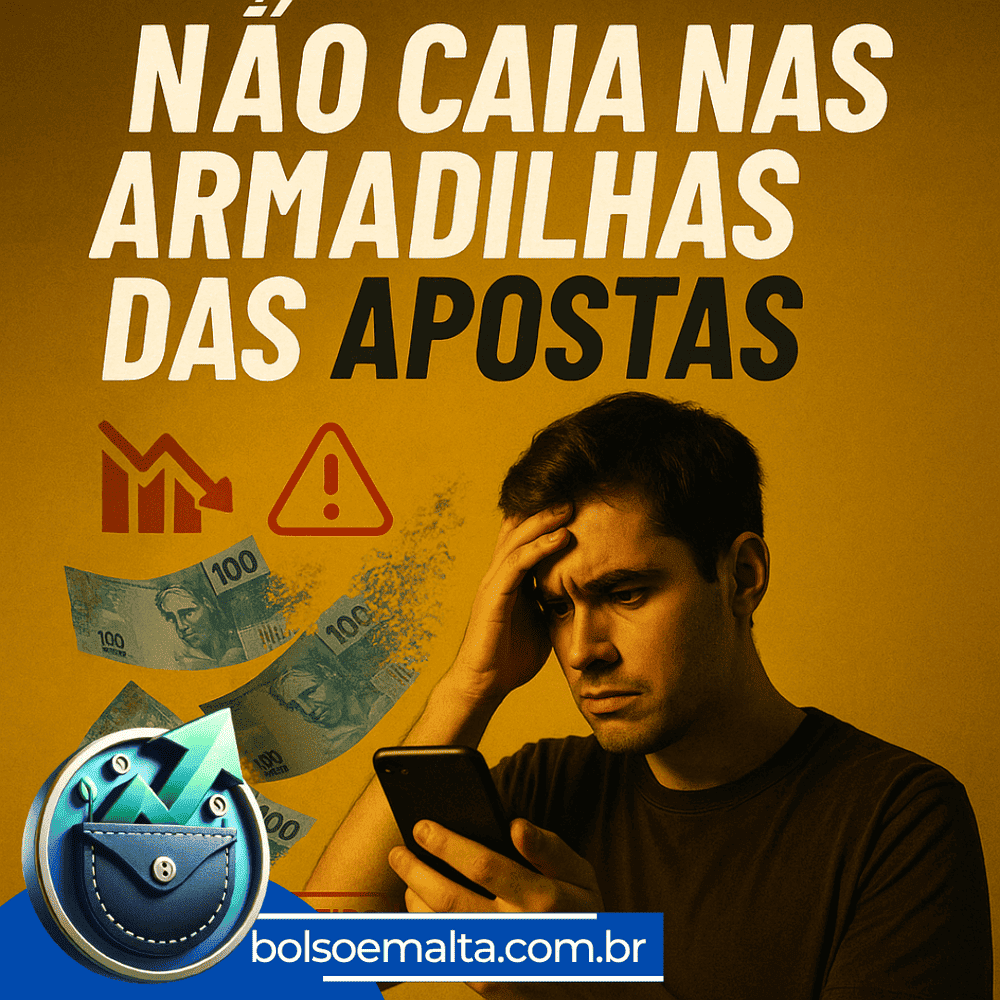 Jovem preocupado com celular enquanto dinheiro se dissolve, com alerta de perigo financeiro sobre armadilhas das bets e gráficos de queda, sobre fundo amarelo escuro.