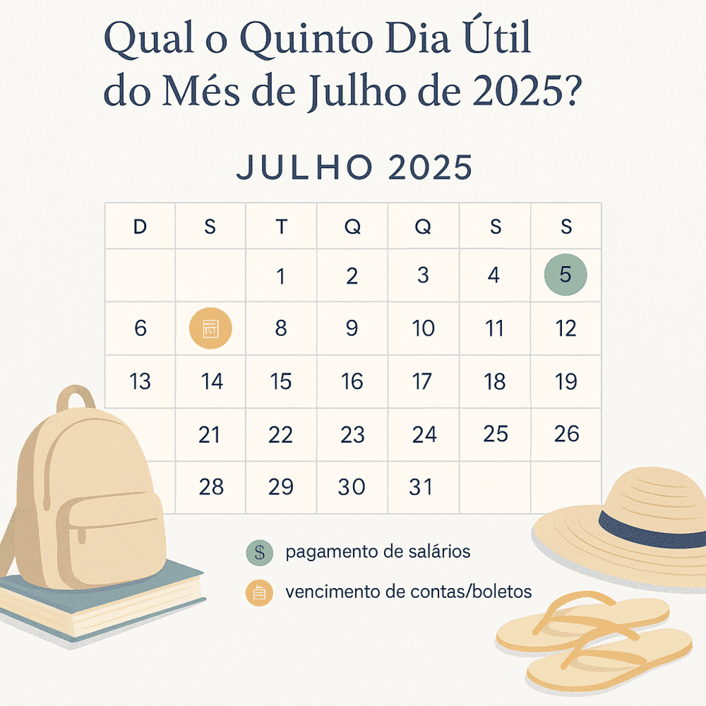 Calendário julho 2025 destacando o Quinto Dia Útil de Julho de 2025: 5 de julho como 5º dia útil para salários e o dia 7 para boletos, com tema férias escolares.