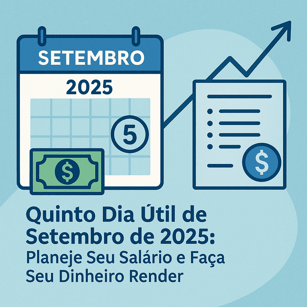 Calendário de setembro de 2025 destaca o Quinto dia Útil de Setembro com data 5 marcada e ícones de salário e contas destacando planejamento