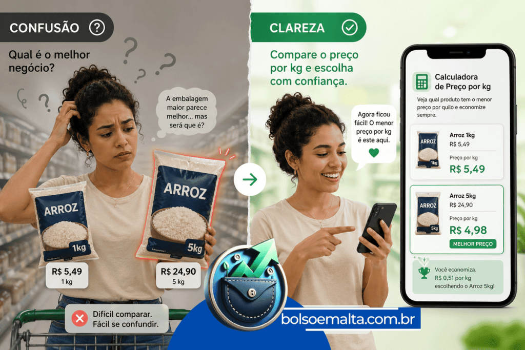 Mulher comparando produtos no supermercado usando calculadora de preço por kg no celular para escolher opção mais barata